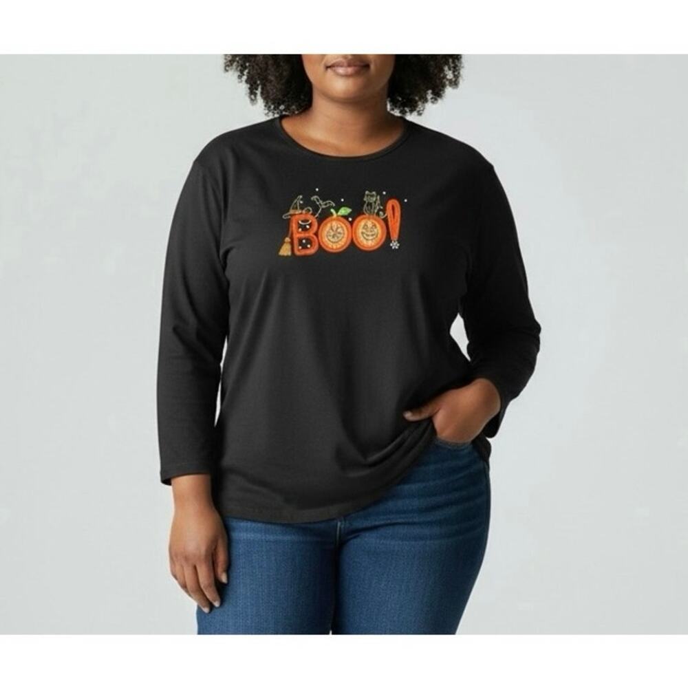 Holiday Editions Sz 2X Black Long Sleeve Halloween Top ‘Boo’ Black Cat
